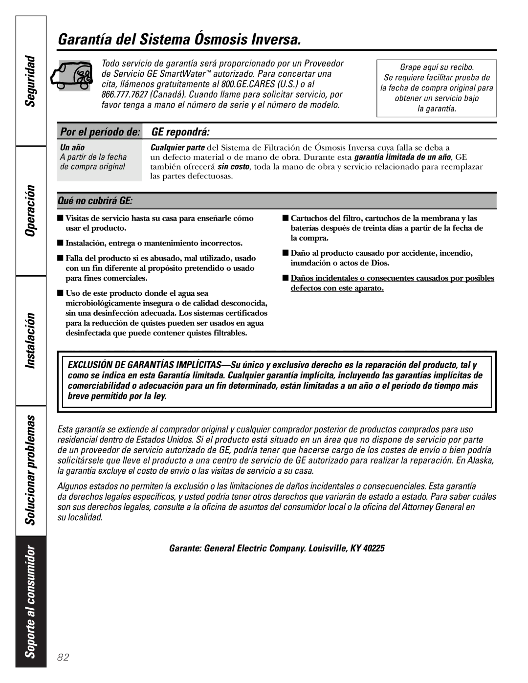 GE PNRQ21LBN, PNRQ21LRB owner manual Garantía del Sistema Ósmosis Inversa, Un año 