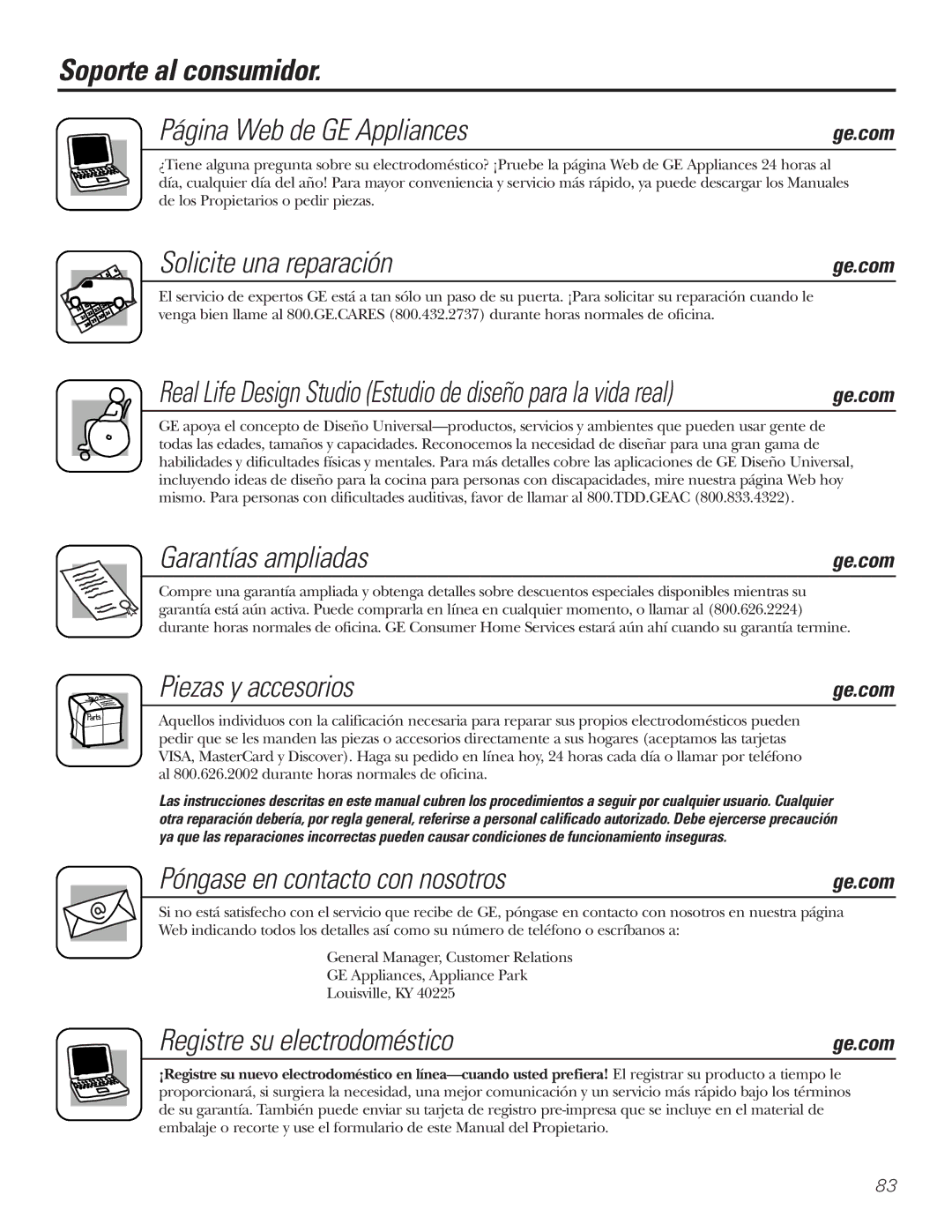 GE PNRQ21LRB, PNRQ21LBN Soporte al consumidor Página Web de GE Appliances, Solicite una reparación, Garantías ampliadas 