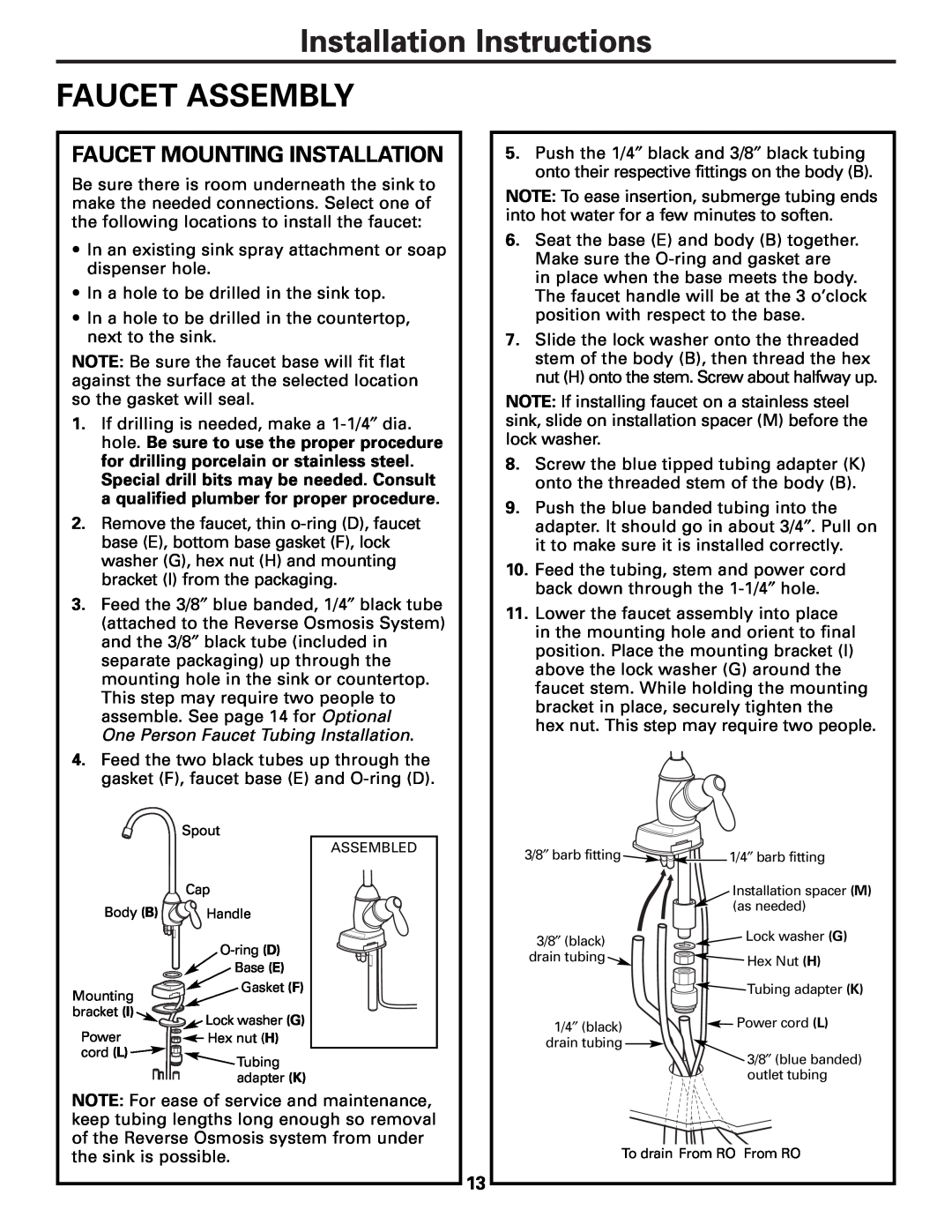 GE PNRQ21LRB, PNRQ21LBN owner manual Installation Instructions FAUCET ASSEMBLY, Faucet Mounting Installation 