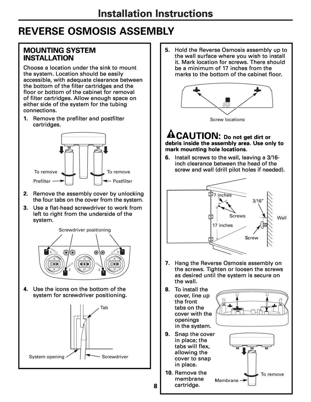 GE PNRQ21LBN, PNRQ21LRB owner manual Installation Instructions REVERSE OSMOSIS ASSEMBLY, Mounting System Installation 