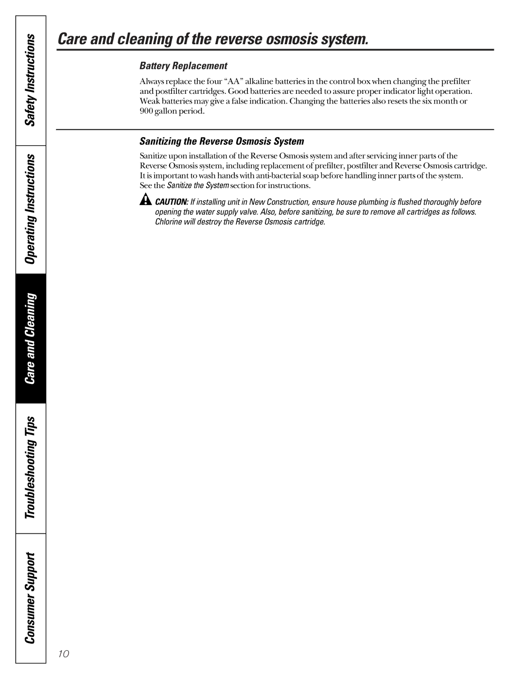 GE PNRV18ZWW01 Care and cleaning of the reverse osmosis system, Battery Replacement, Sanitizing the Reverse Osmosis System 