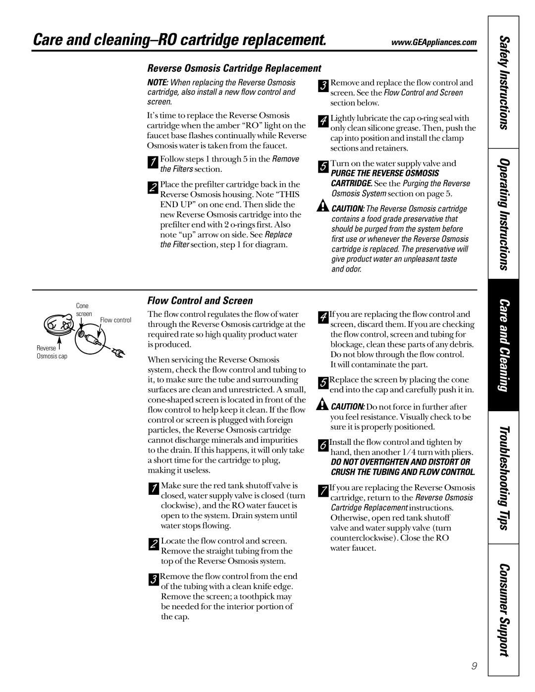 GE PNRV18ZCC01 Care and cleaning-RO cartridge replacement, Instructions Operating Instructions, Flow Control and Screen 