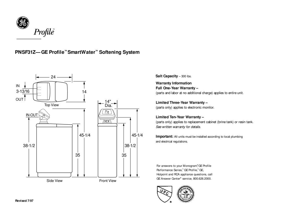 GE warranty PNSF31Z-GE Profile SmartWater Softening System, Limited Three-Year Warranty, Limited Ten-Year Warranty 