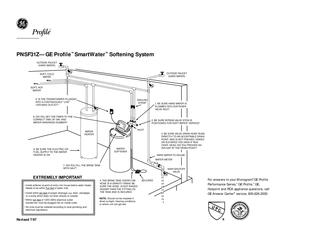 GE PNSF31Z warranty Extremely Important 