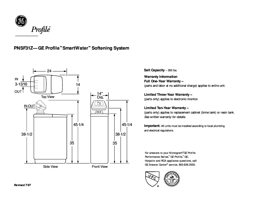 GE warranty PNSF31Z-GE Profile SmartWater Softening System, 45-1/4 38-1/2, Limited Three-Year Warranty, 3-13/16 