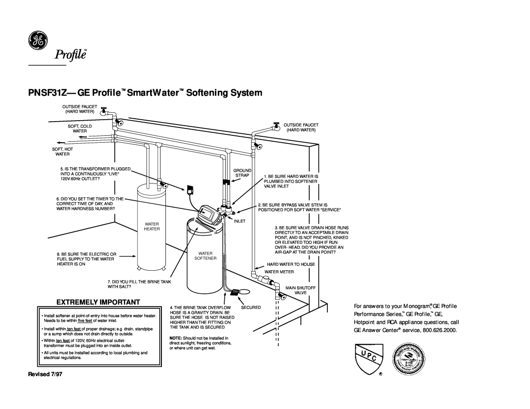 GE warranty PNSF31Z-GE Profile SmartWater Softening System, Extremely Important, Revised 7/97 