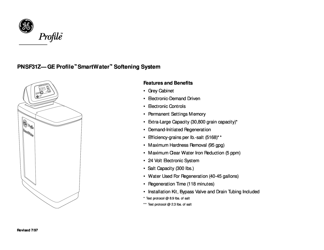 GE warranty PNSF31Z-GE Profile SmartWater Softening System, Features and Benefits 
