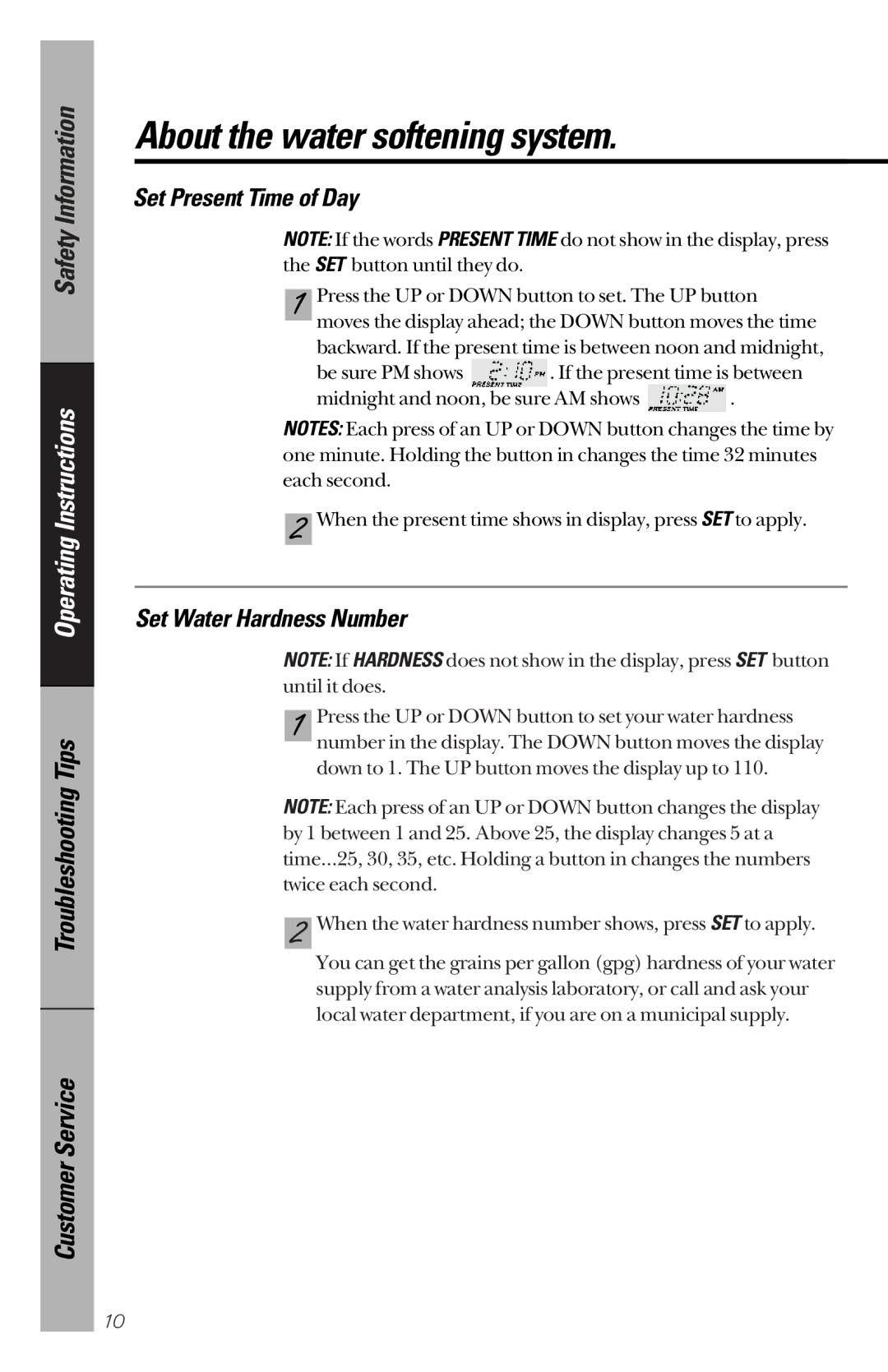 GE PNSF39Z01 owner manual Set Present Time of Day, Set Water Hardness Number 