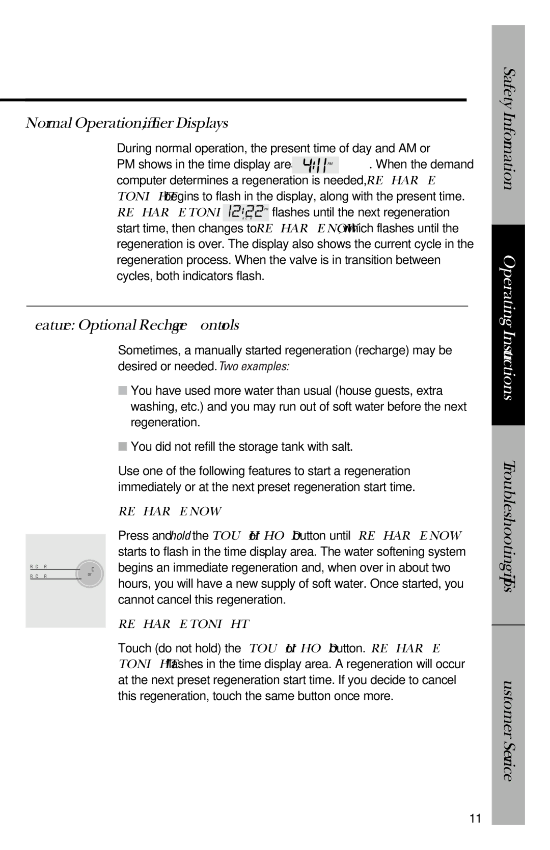 GE PNSF39Z01 owner manual Normal Operation, Timer Displays, Feature Optional Recharge Controls 