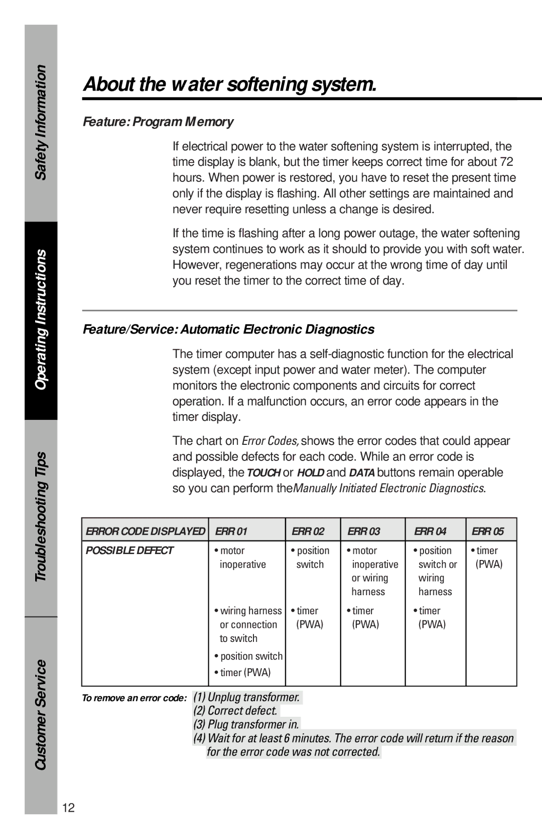 GE PNSF39Z01 owner manual Feature Program Memory, Feature/Service Automatic Electronic Diagnostics, Err 