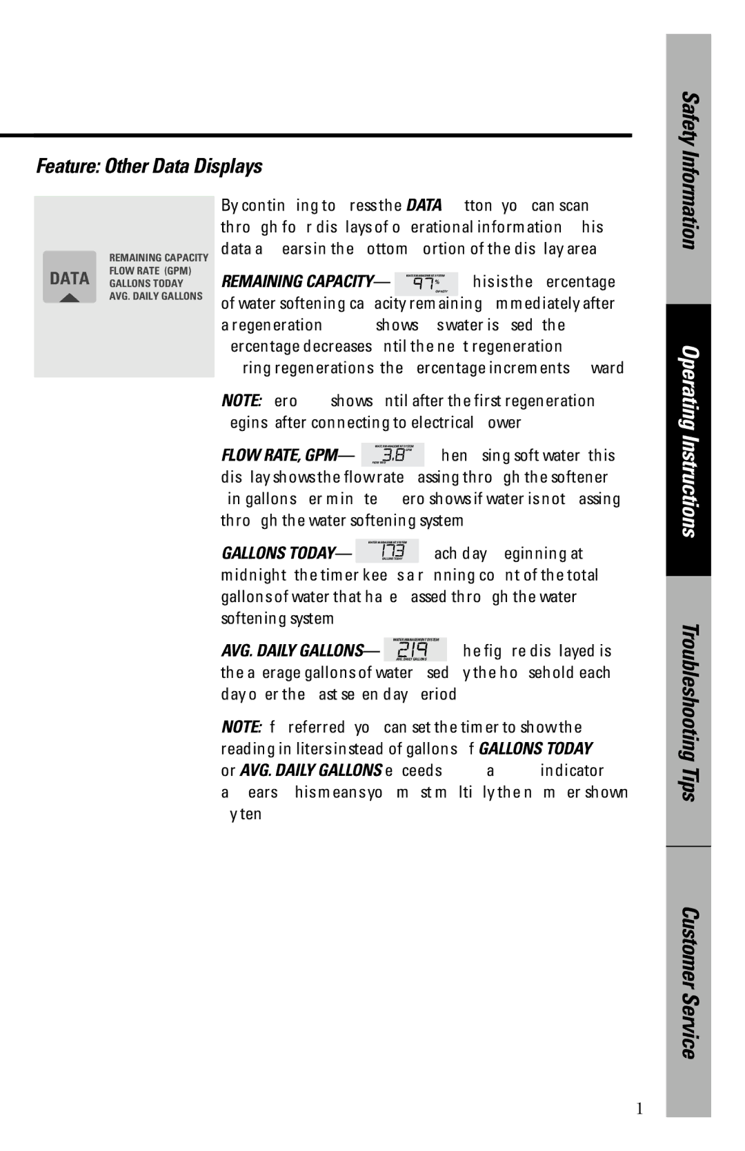 GE PNSF39Z01 owner manual Feature Other Data Displays 