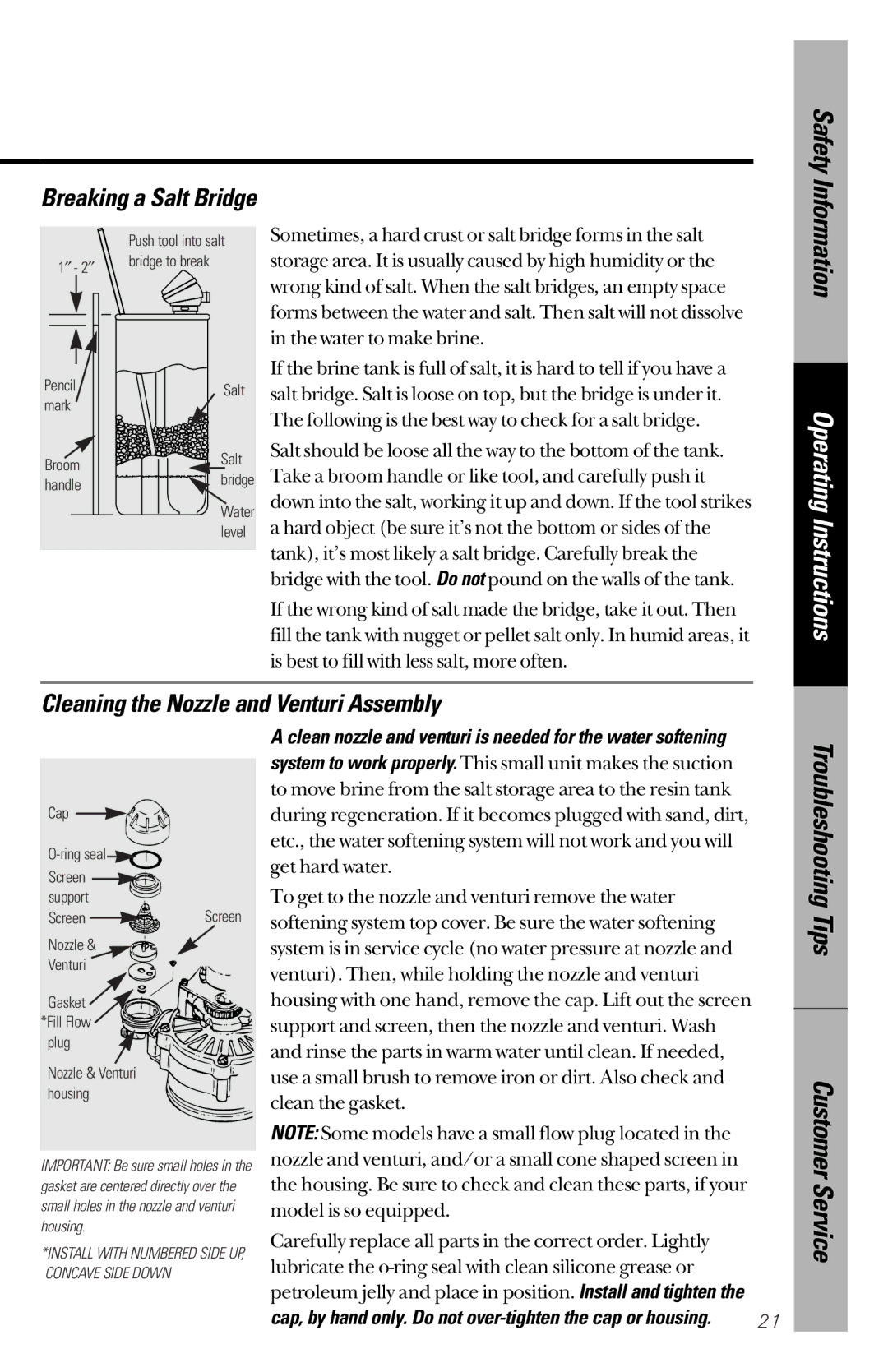 GE PNSF39Z01 owner manual Cleaning the Nozzle and Venturi Assembly, Breaking a Salt Bridge 