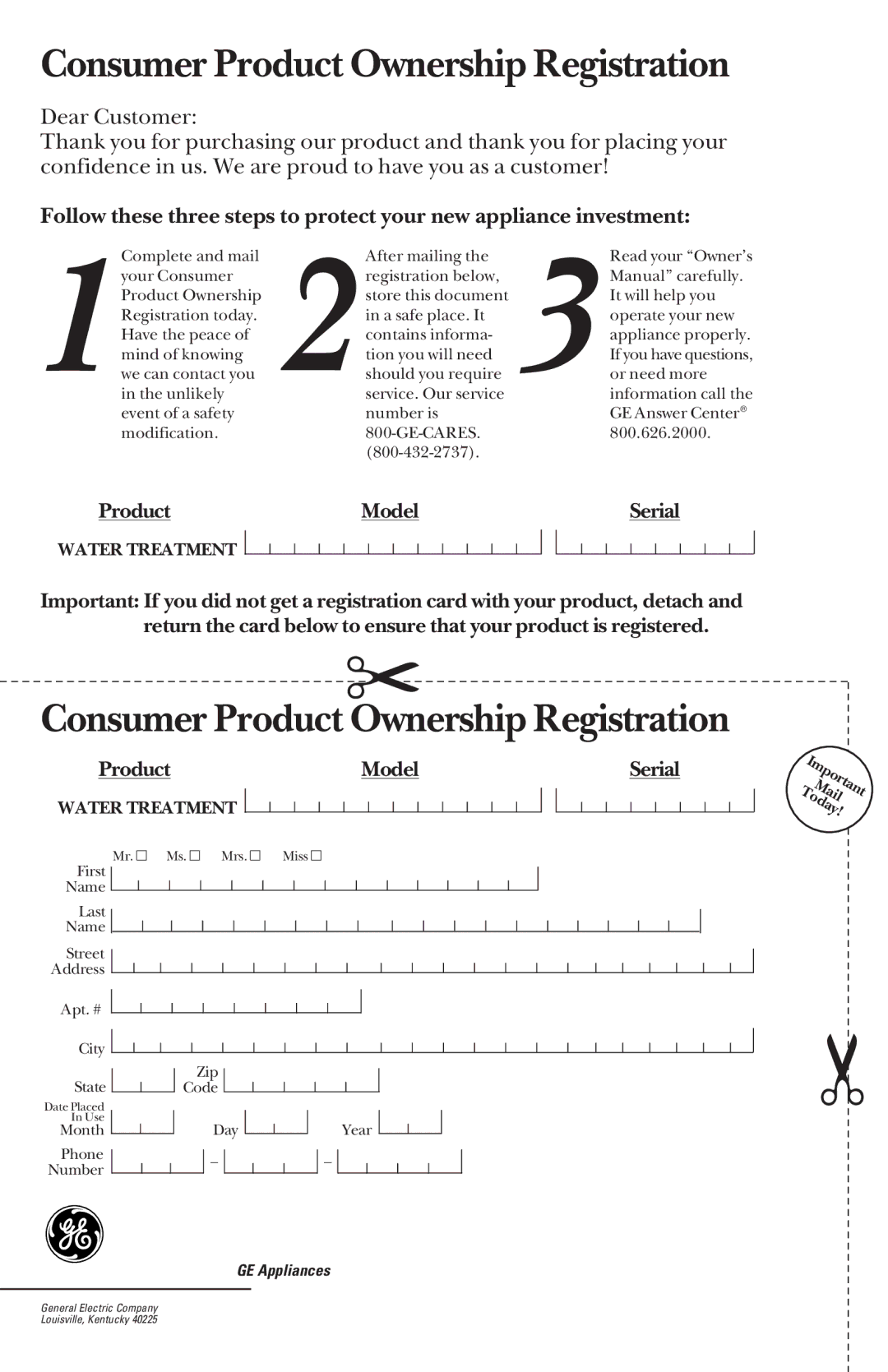 GE PNSF39Z01 owner manual Consumer Product Ownership Registration 