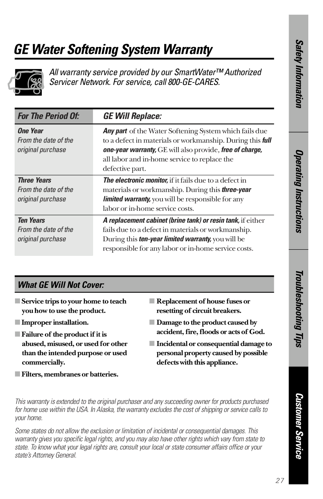 GE PNSF39Z01 owner manual GE Water Softening System Warranty, GE Will Replace, What GE Will Not Cover 