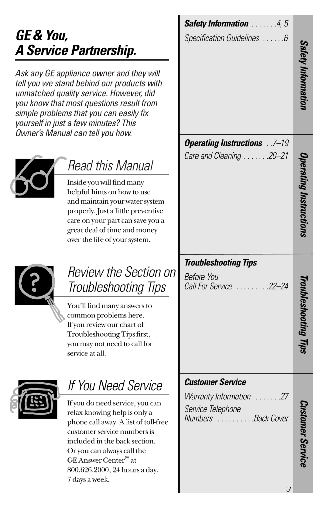 GE PNSF39Z01 GE & You Service Partnership, Troubleshooting Tips, Customer Service, Safety Information . . . . . . .4 