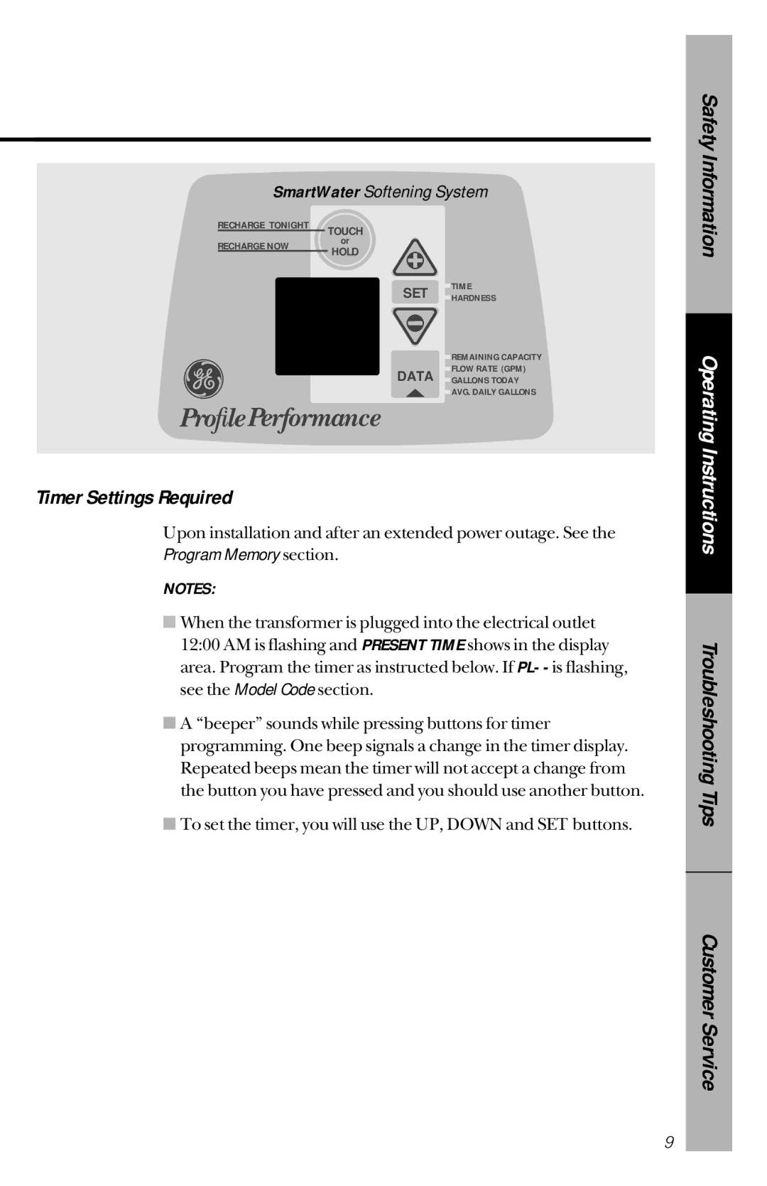 GE PNSF39Z01 owner manual Timer Settings Required, SmartWater Softening System, Program Memory section 