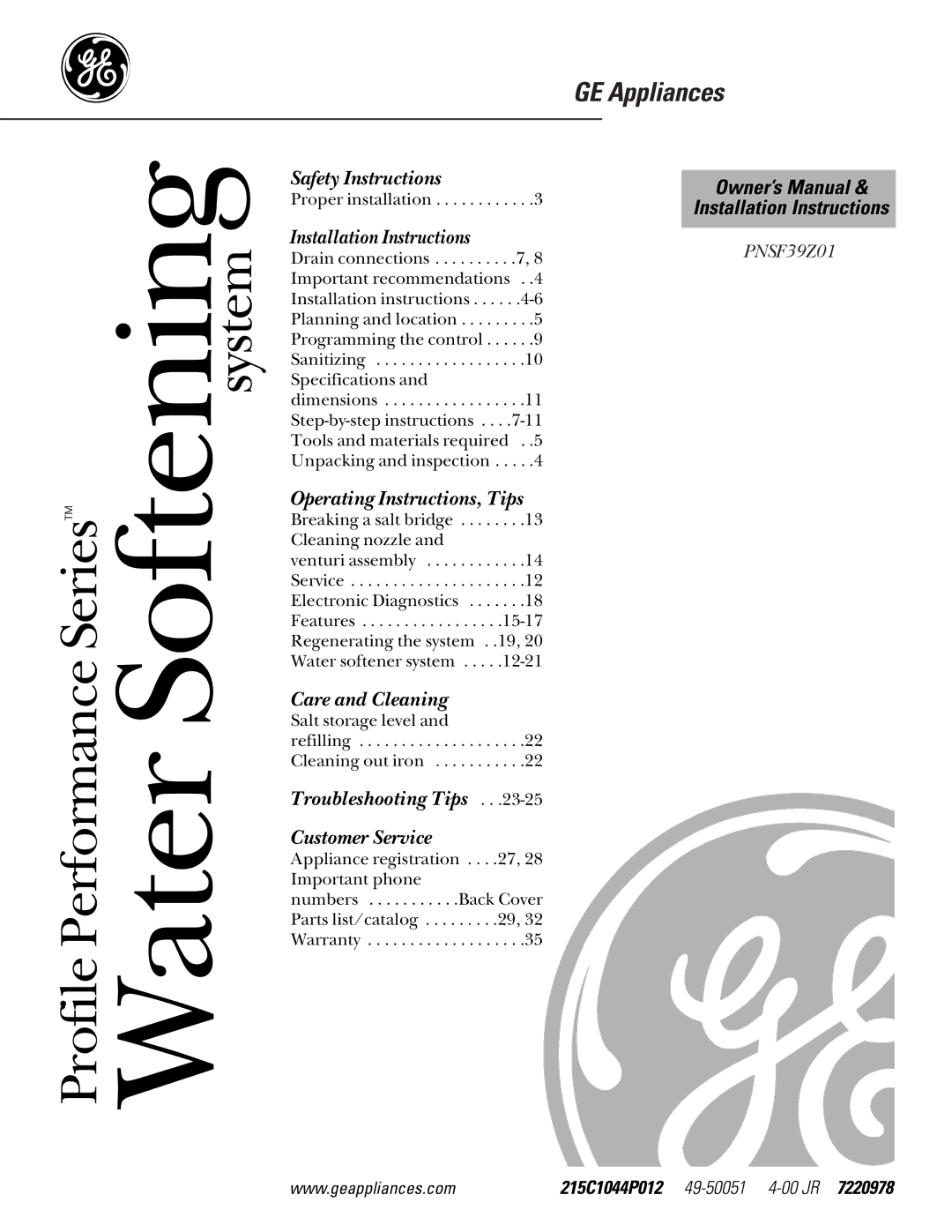 GE PNSF39Z01 owner manual Water Softeningsystem 