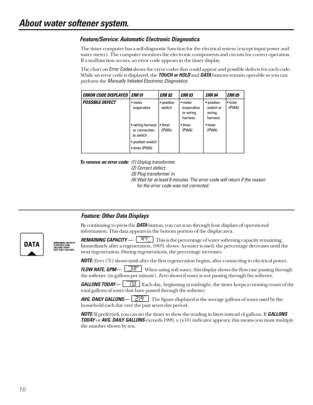 GE PNSF39Z01 About water softener system, Feature/Service Automatic Electronic Diagnostics, Feature Other Data Displays 