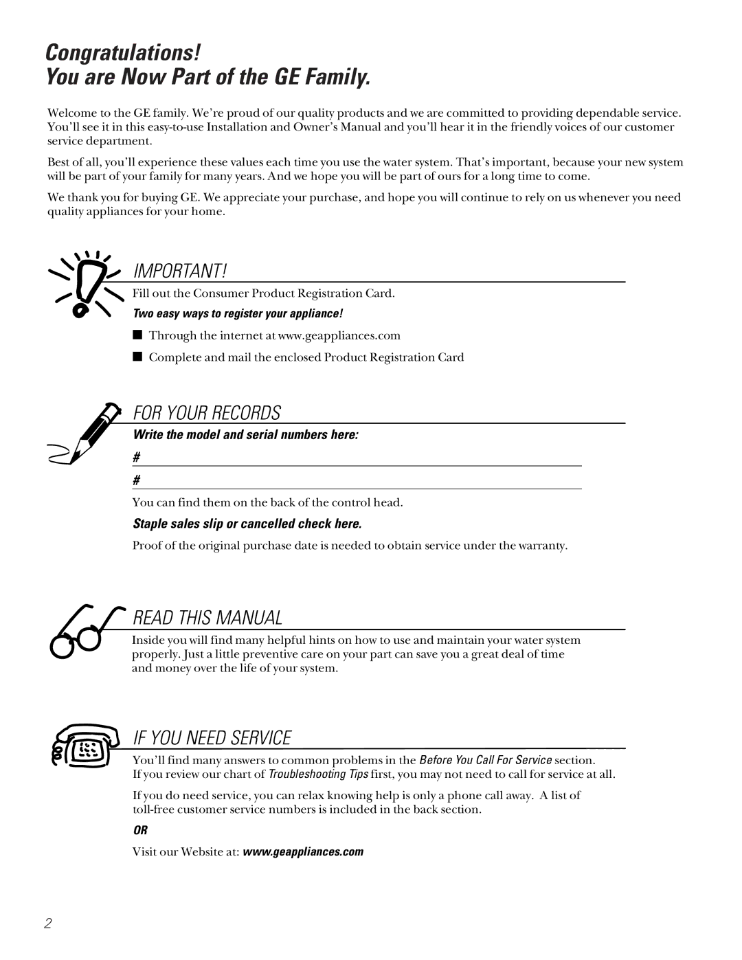 GE PNSF39Z01 owner manual Congratulations You are Now Part of the GE Family, Two easy ways to register your appliance 