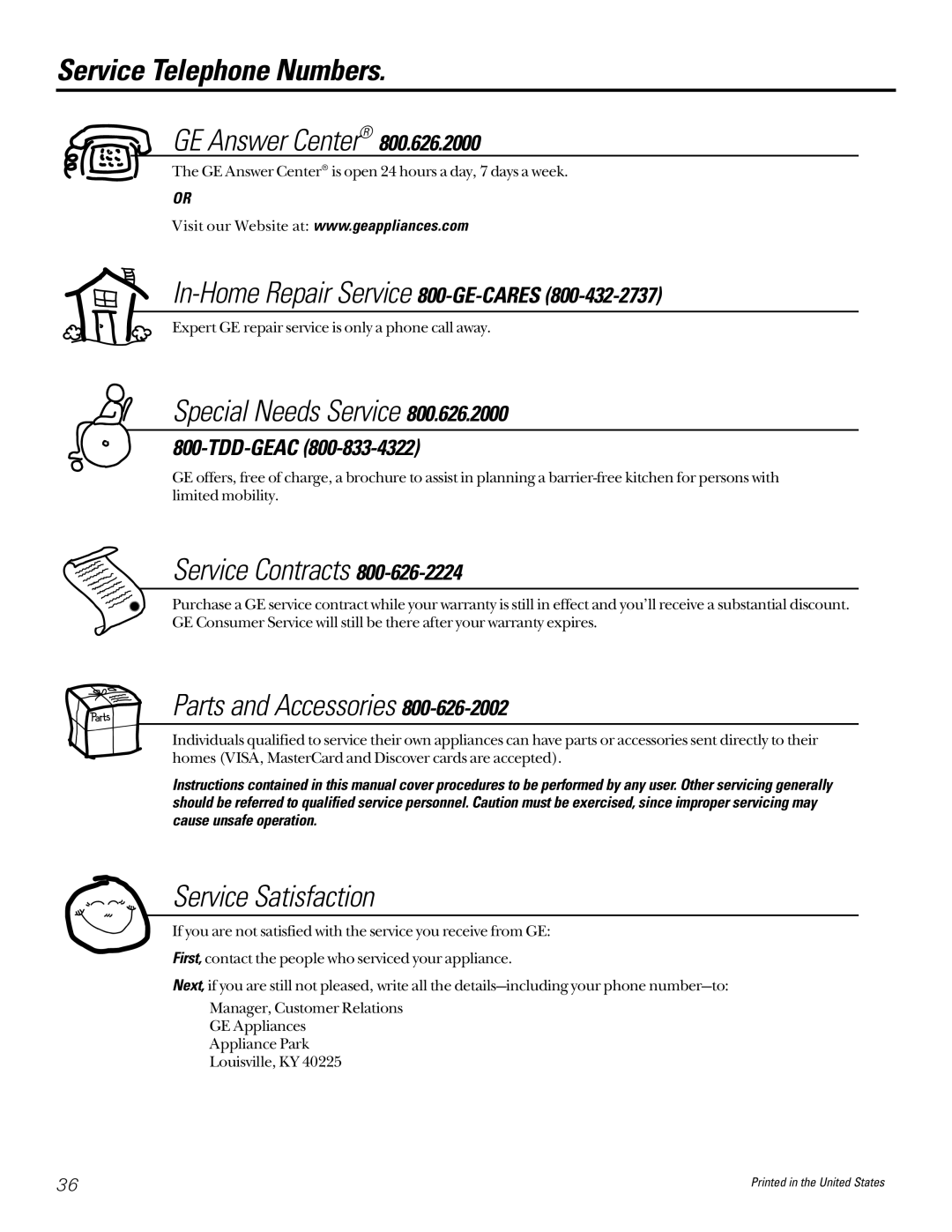 GE PNSF39Z01 owner manual Service Telephone Numbers, GE Answer Center 