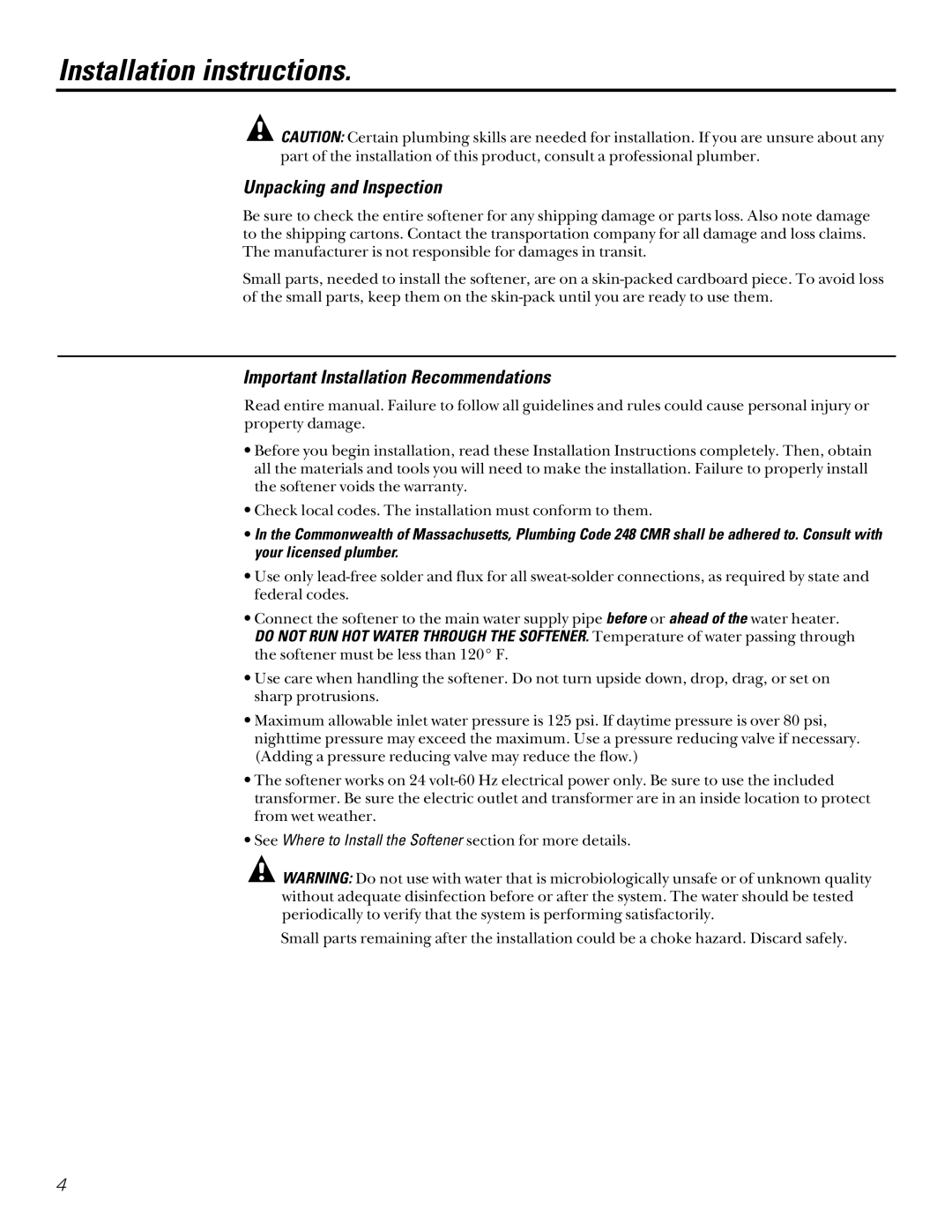 GE PNSF39Z01 owner manual Installation instructions, Unpacking and Inspection, Important Installation Recommendations 