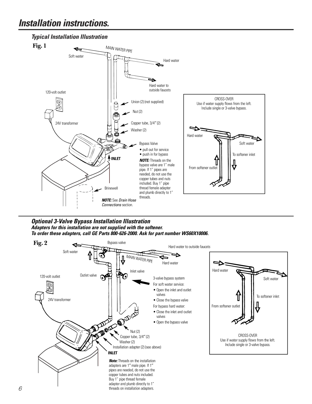 GE PNSF39Z01 owner manual Typical Installation Illustration, Optional 3-Valve Bypass Installation Illustration 