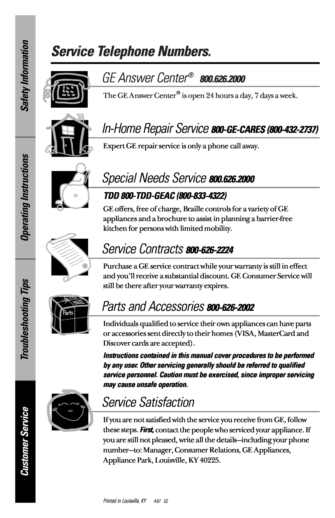GE PNSF39Z01 Service Telephone Numbers, In-Home Repair Service 800-GE-CARES, TDD 800-TDD-GEAC, GE Answer Center 