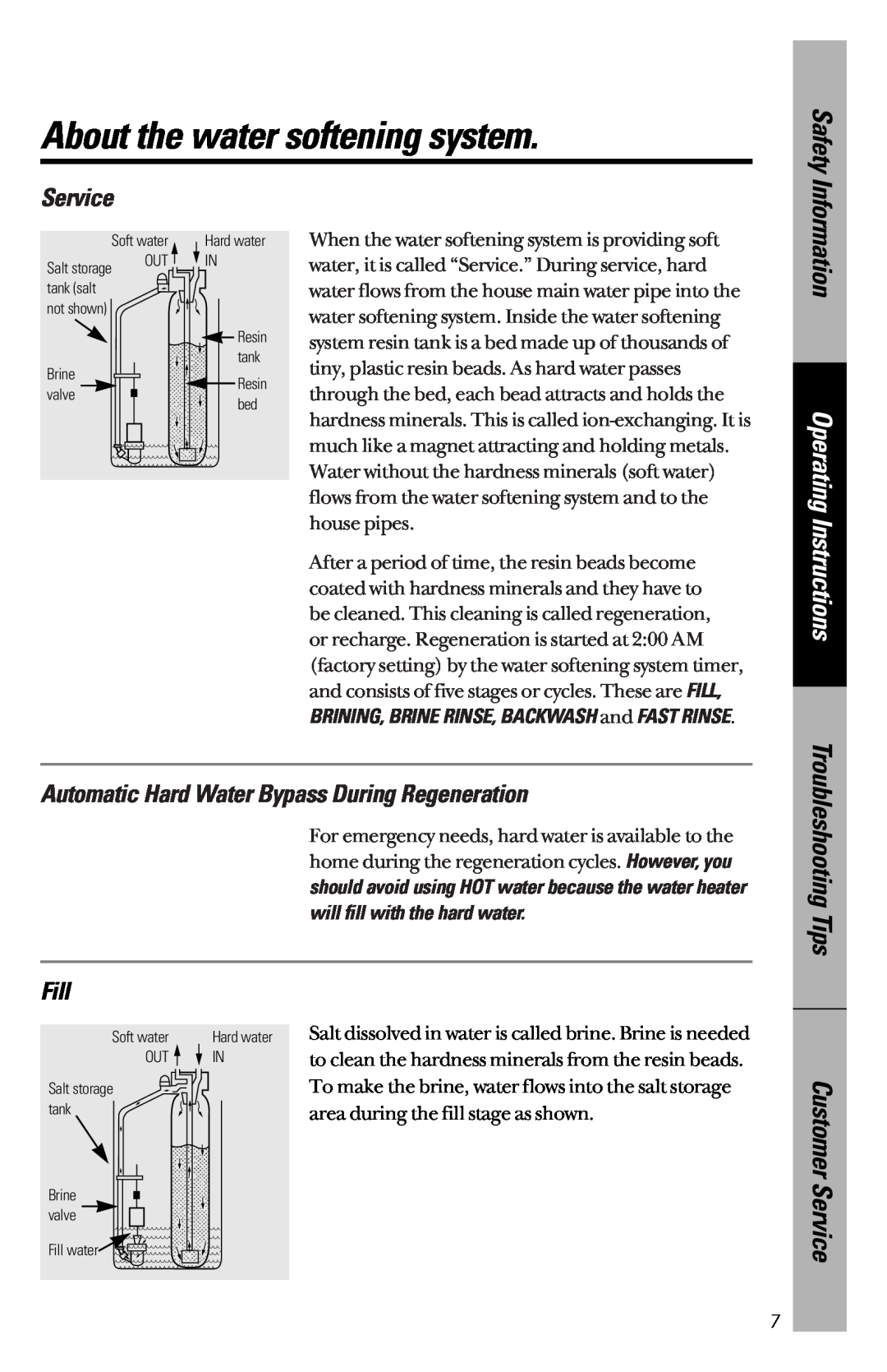 GE PNSF39Z01 owner manual About the water softening system, Information, Operating Instructions, Safety, Service, Fill 