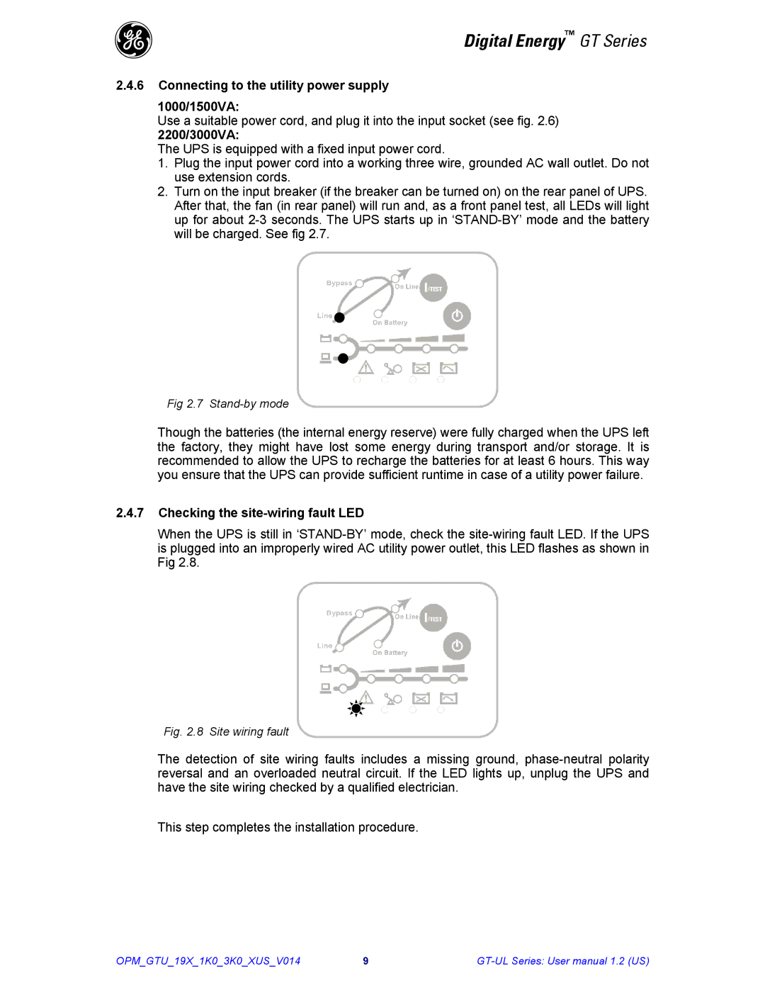 GE Power Supply Connecting to the utility power supply 1000/1500VA, 2200/3000VA, Checking the site-wiring fault LED 