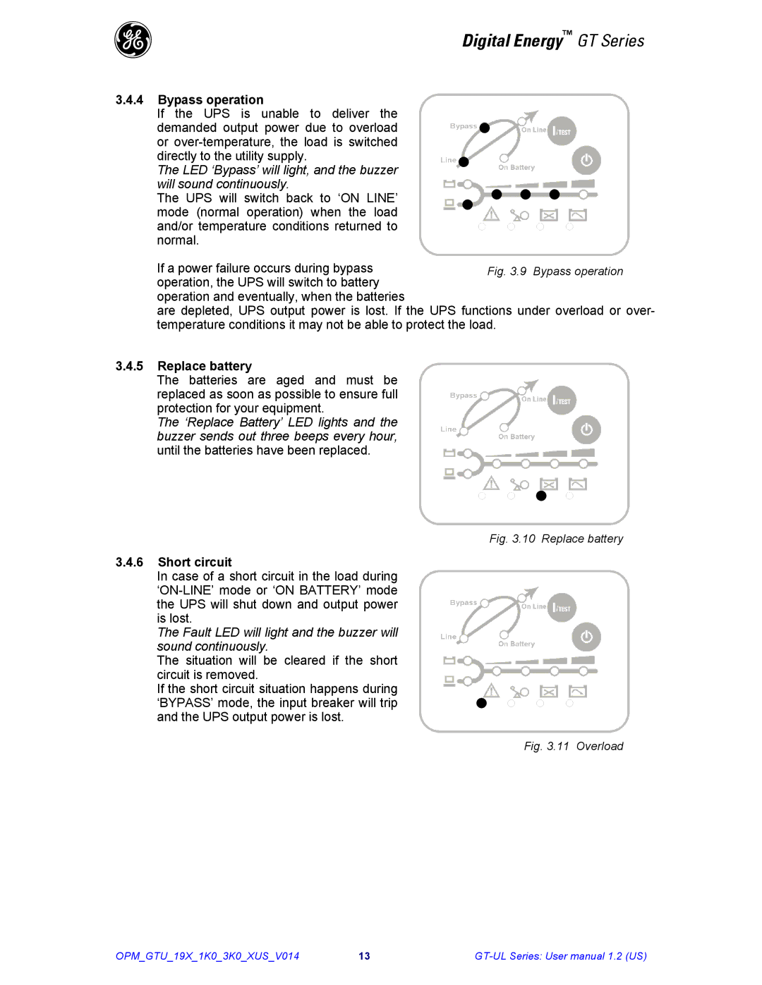 GE Power Supply user manual Bypass operation, Replace battery, Short circuit 