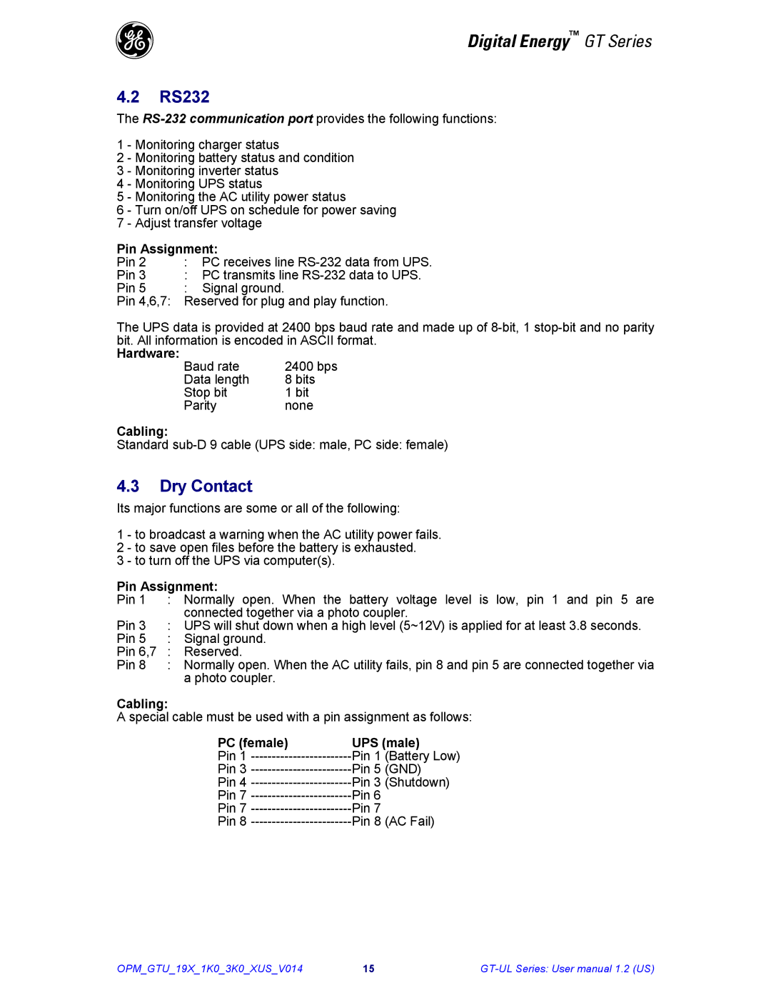 GE Power Supply user manual RS232, Dry Contact 