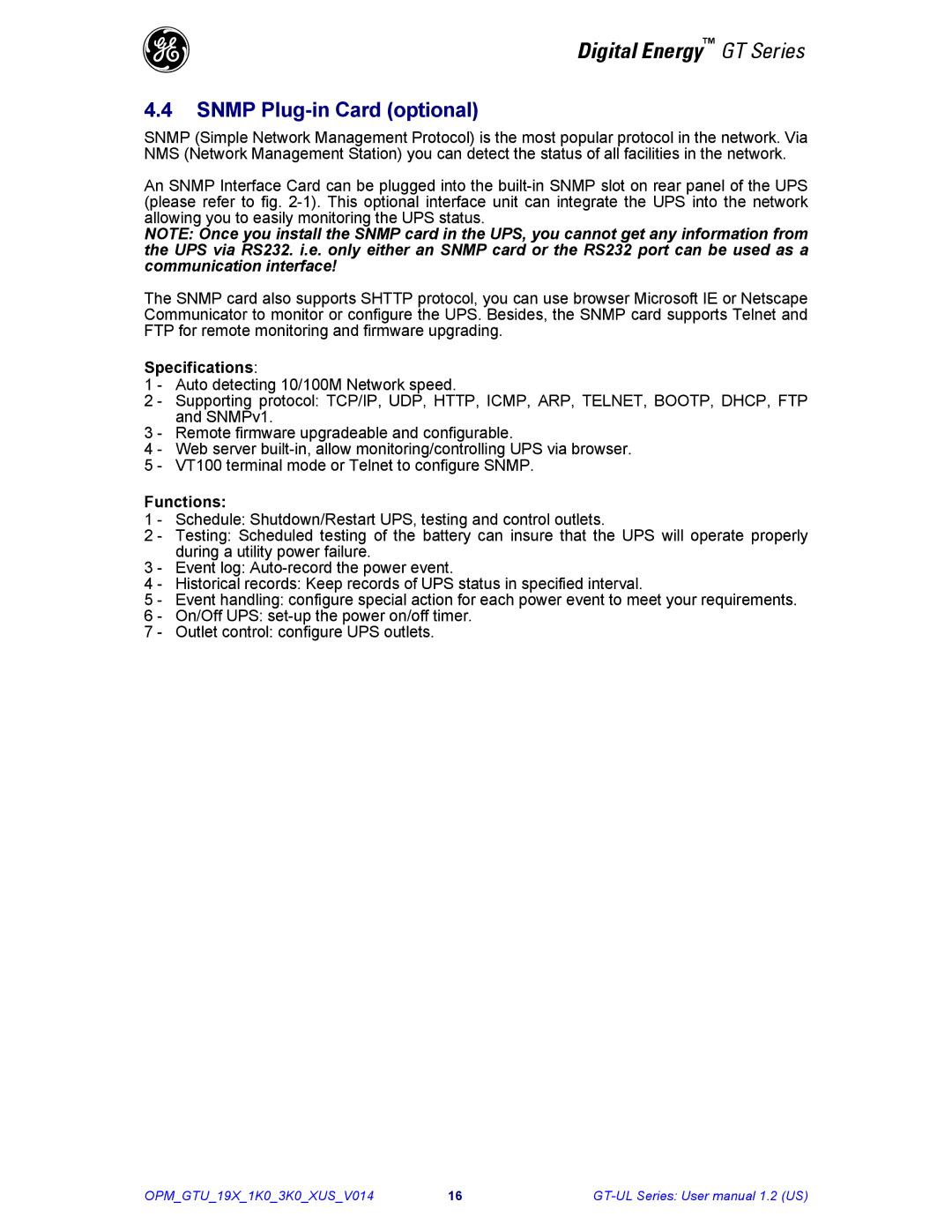 GE Power Supply user manual Snmp Plug-in Card optional, Specifications, Functions 