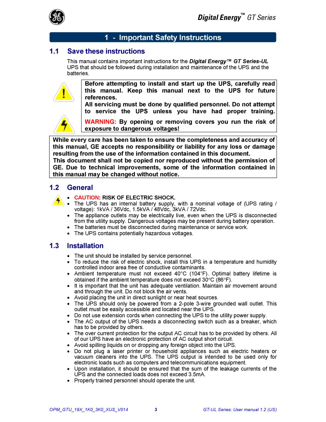 GE Power Supply user manual Important Safety Instructions, General, Installation 