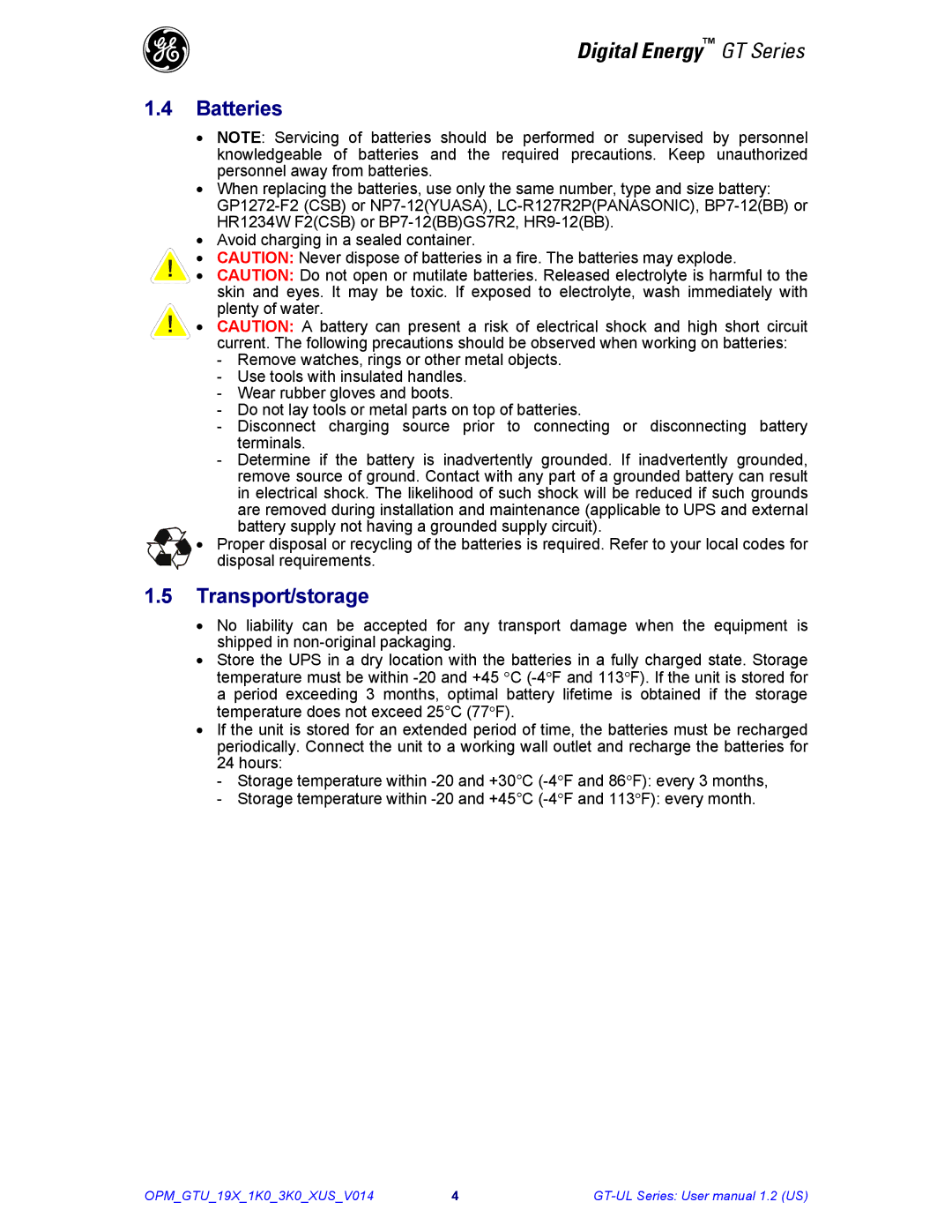 GE Power Supply user manual Batteries, Transport/storage 