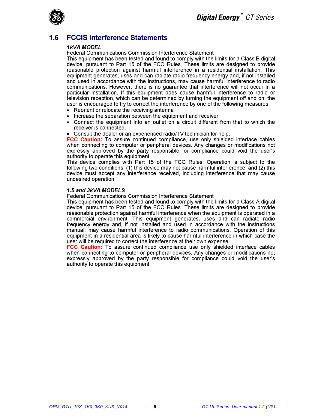 GE Power Supply user manual Fccis Interference Statements, 1kVA Model 