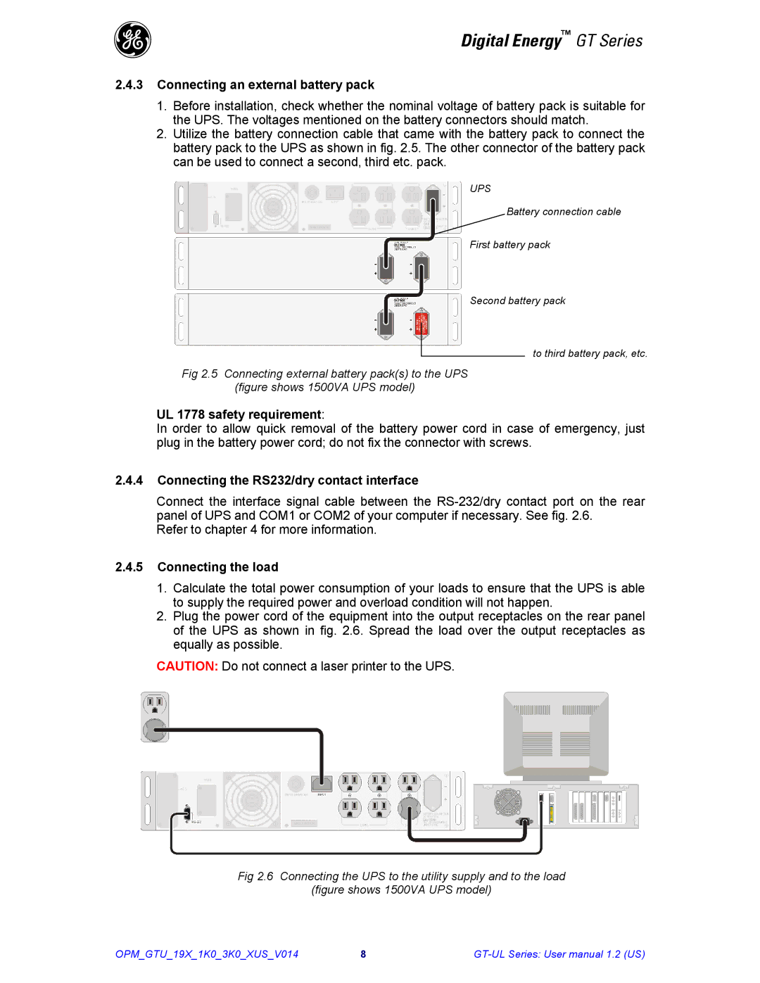 GE Power Supply user manual Connecting an external battery pack, UL 1778 safety requirement, Connecting the load 