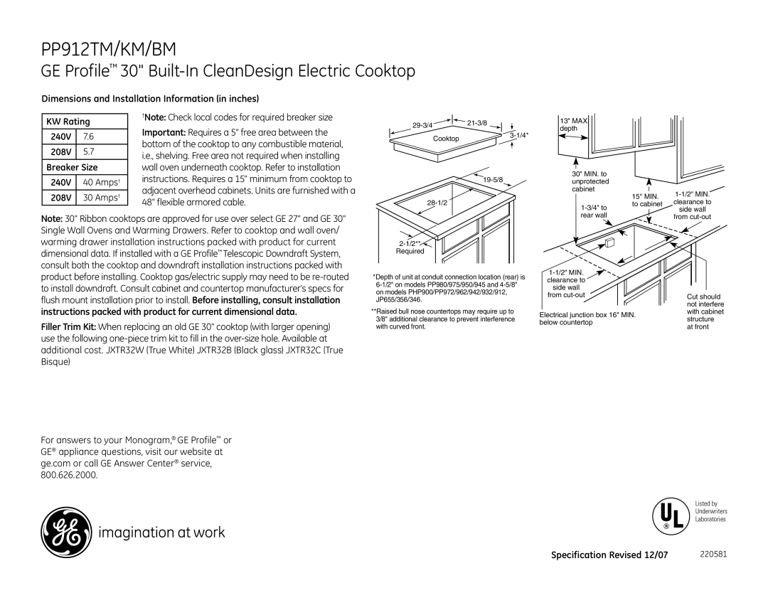 GE PP912KMCC dimensions PP912TM/KM/BM, GE Profile 30 Built-In CleanDesign Electric Cooktop, 208V 30 Amps† 