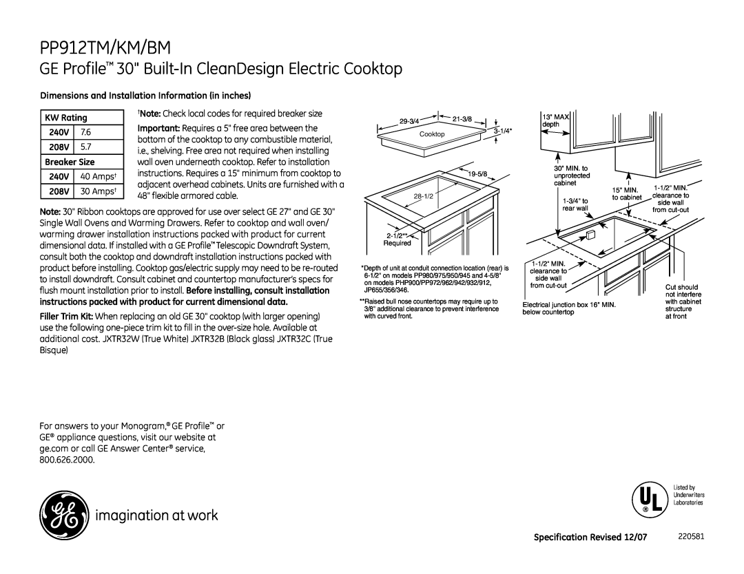GE PP912KMCC dimensions PP912TM/KM/BM, GE Profile 30 Built-In CleanDesign Electric Cooktop 
