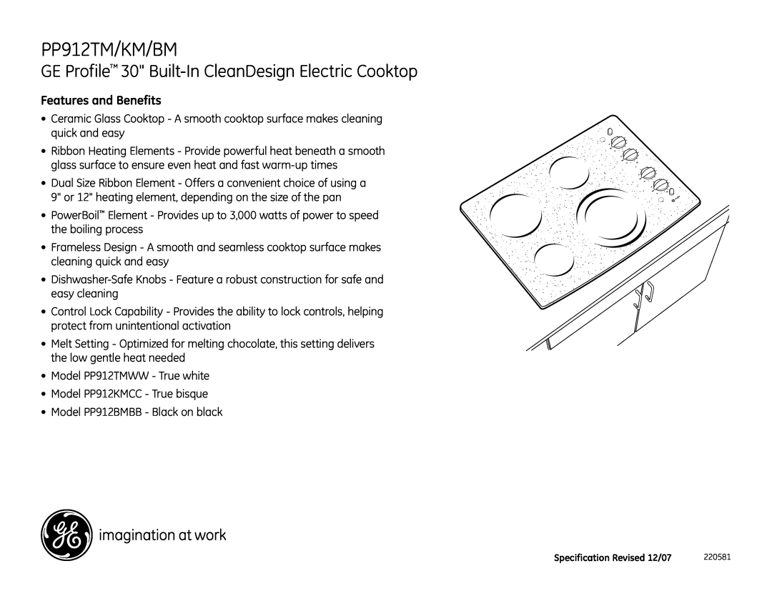 GE PP912KMCC dimensions PP912TM/KM/BM, GE Profile 30 Built-In CleanDesign Electric Cooktop, Features and Benefits 