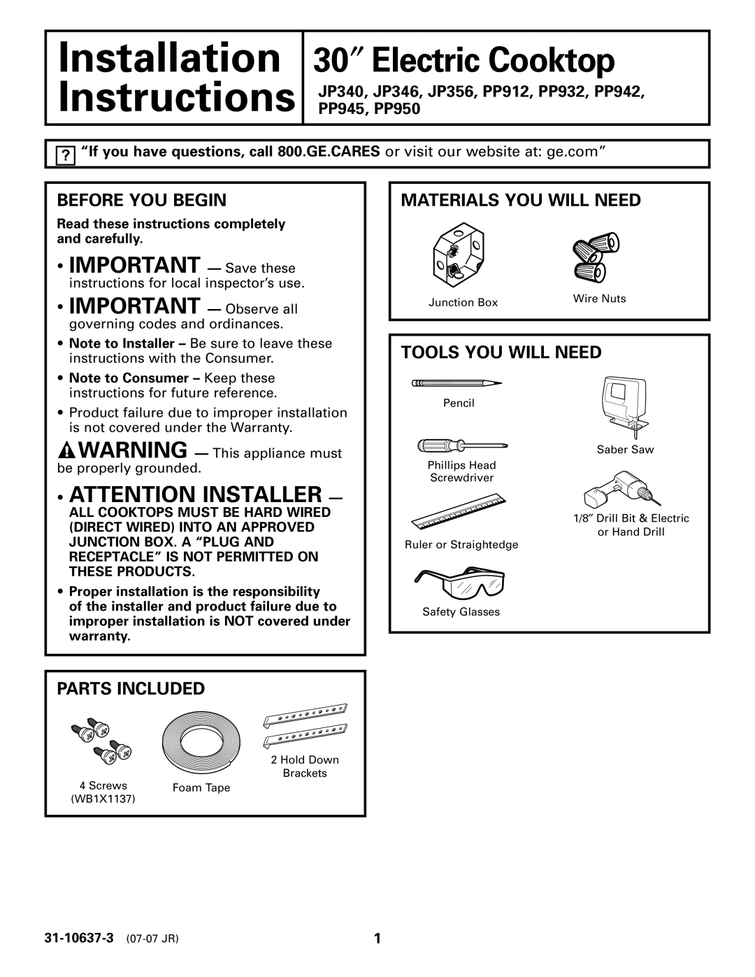 GE JP346 warranty Important Save these, Before YOU Begin, Materials YOU will Need, Tools YOU will Need, Parts Included 