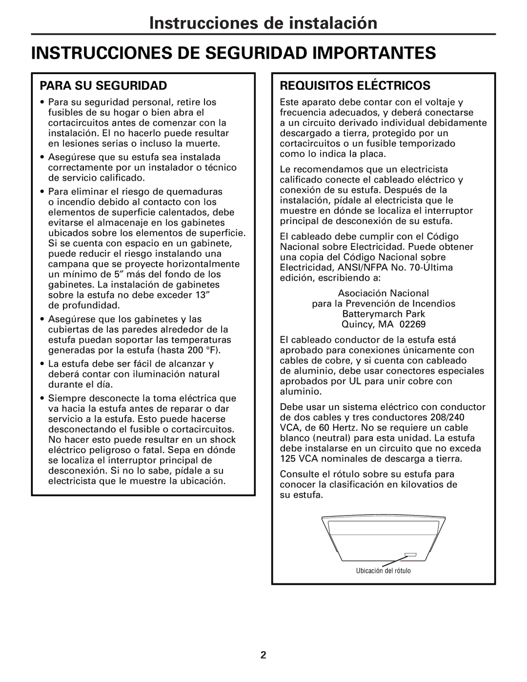 GE PP932, JP346, PP942, PP912, JP356 warranty Instrucciones DE Seguridad Importantes, Para SU Seguridad, Requisitos Eléctricos 