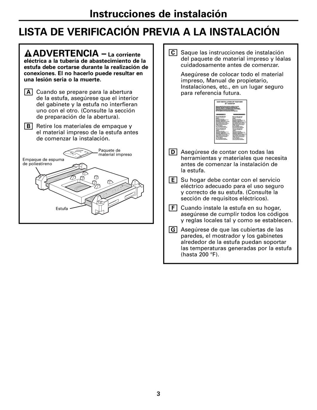 GE JP346, PP932, PP942, PP912, JP356 warranty Lista DE Verificación Previa a LA Instalación, Advertencia La corriente 