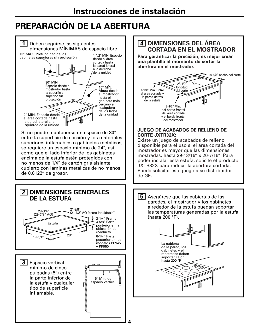 GE PP942 Preparación DE LA Abertura, Dimensiones DEL Área Cortada EN EL Mostrador, Dimensiones Generales DE LA Estufa 