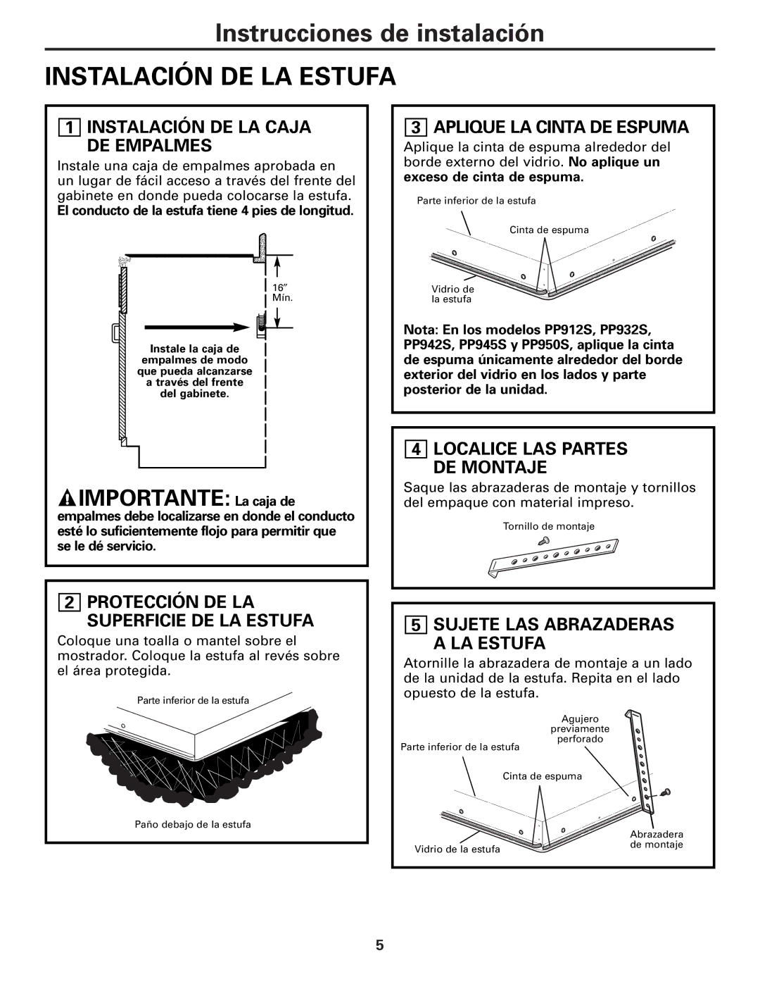 GE PP912 Instalación DE LA Estufa, Importante La caja de, Instalación DE LA Caja DE Empalmes, Aplique LA Cinta DE Espuma 