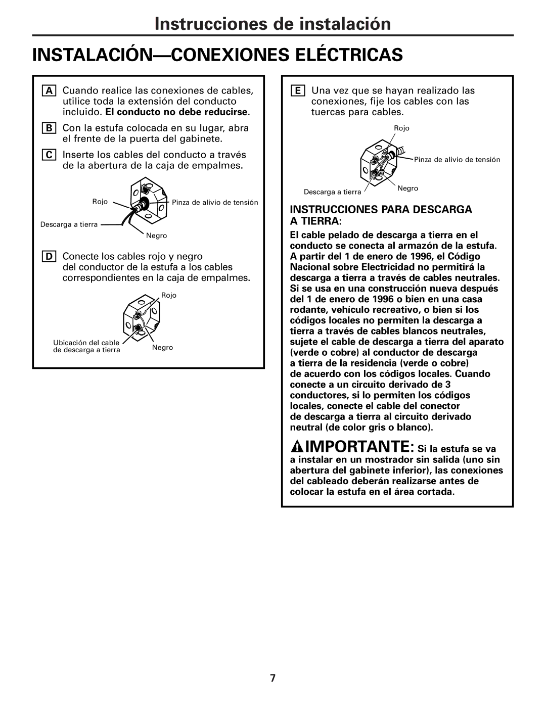 GE PP932, JP346, PP942, PP912, JP356 warranty INSTALACIÓN-CONEXIONES Eléctricas, Instrucciones Para Descarga a Tierra 