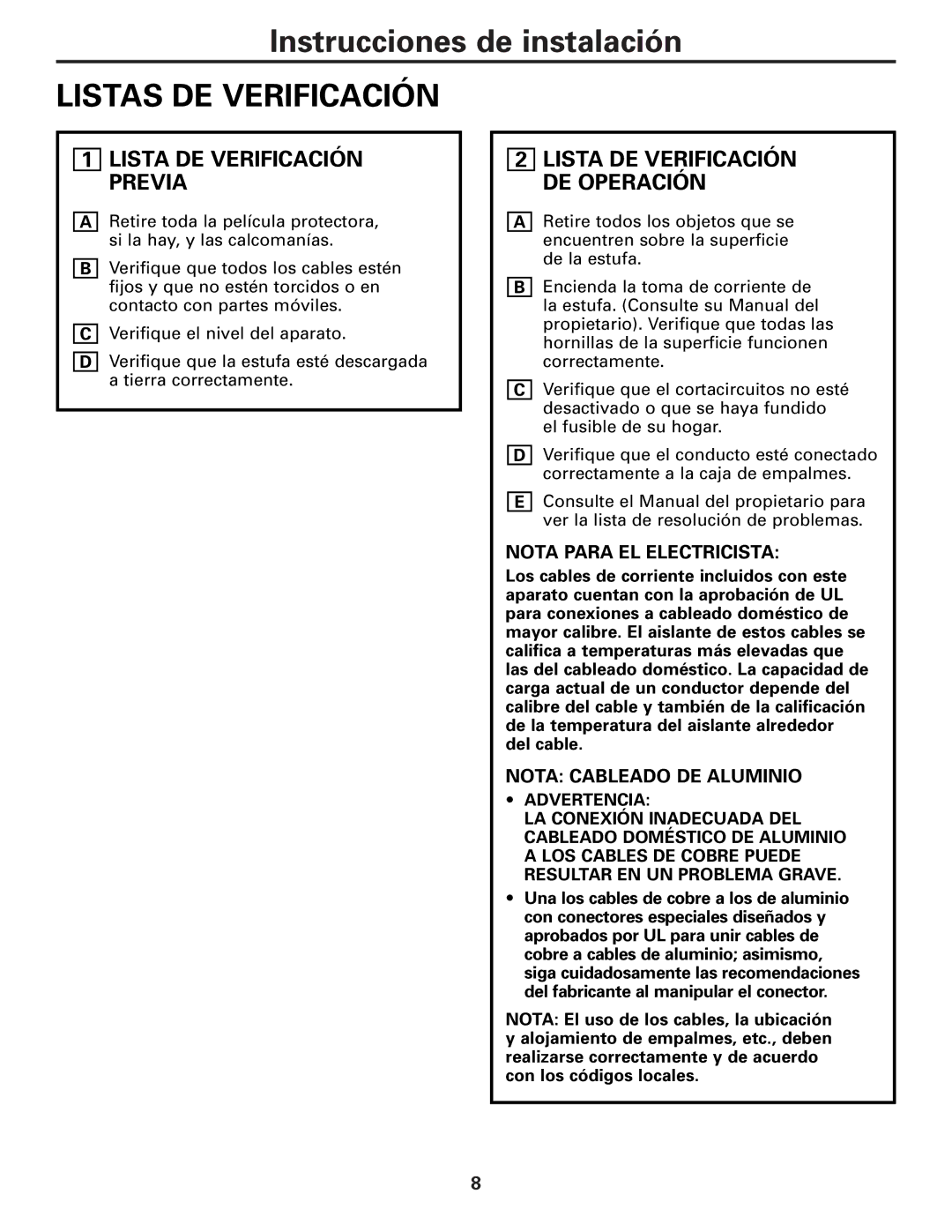 GE JP346, PP932, PP942, PP912, JP356 Listas DE Verificación, Lista DE Verificación Previa, Lista DE Verificación DE Operación 