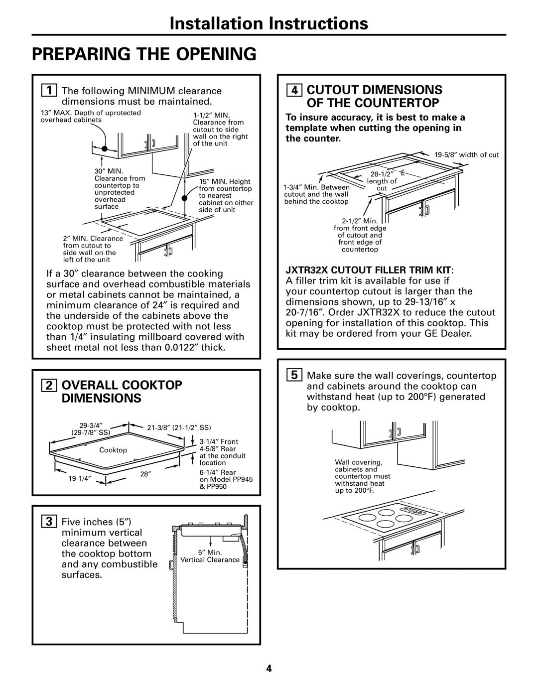 GE JP356, PP932, JP346, PP942, PP912 Installation Instructions PREPARING THE OPENING, 4CUTOUT DIMENSIONS OF THE COUNTERTOP 
