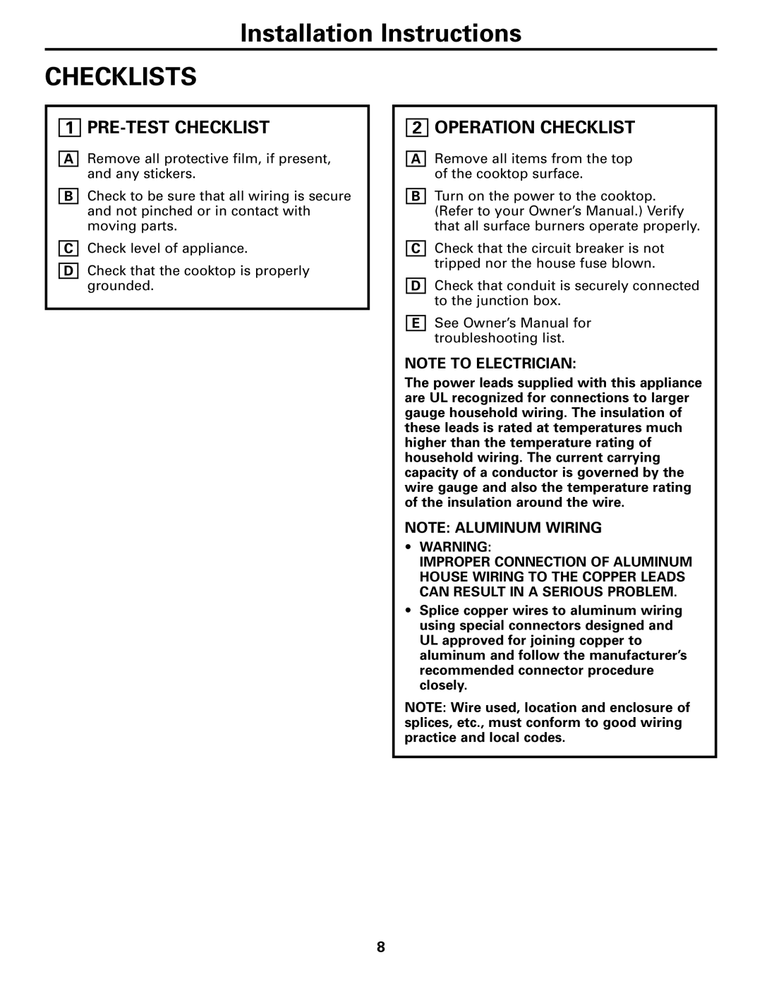 GE PP912, PP932, JP346 Installation Instructions CHECKLISTS, Pre-Testchecklist, Operation Checklist, Note To Electrician 