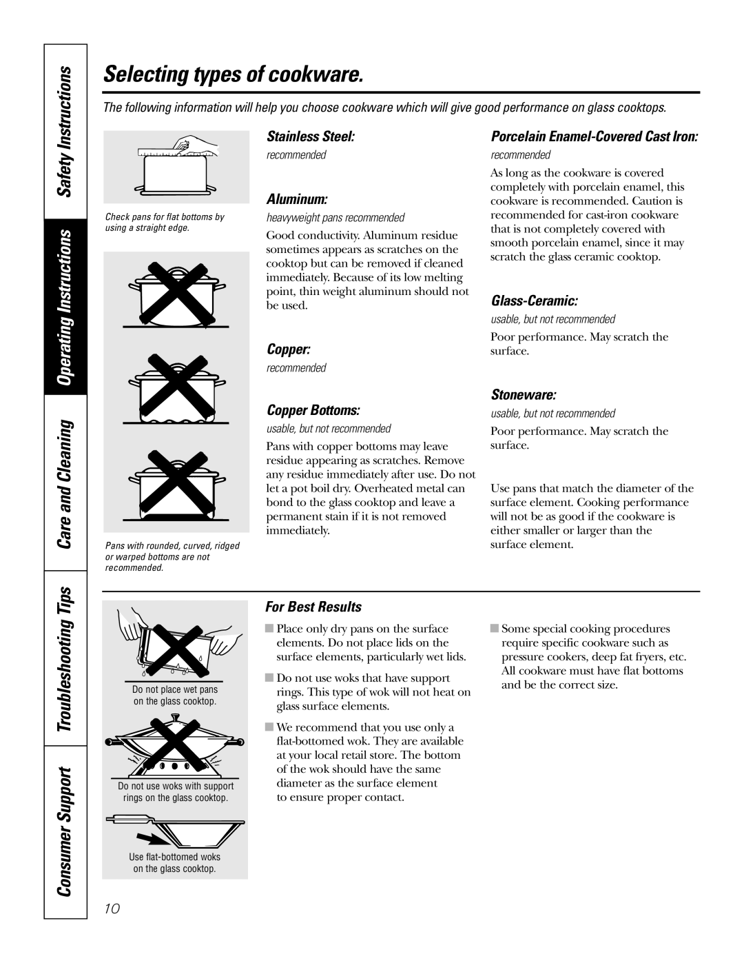 GE PP962, PP932, PP942, PP912, PP972, 49-80413 Selecting types of cookware, Operating Instructions Safety, Care and Cleaning 