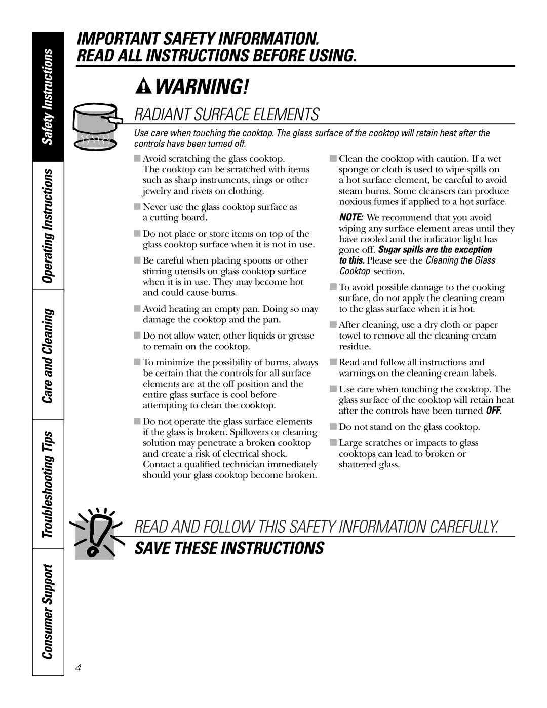 GE PP962, PP932, PP942, PP912, PP972, 49-80413 owner manual Radiant Surface Elements, Consumer Support 